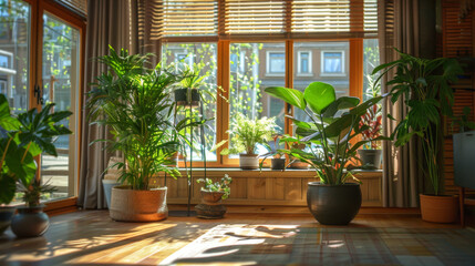 office warm design with large windows letting in soft, natural light