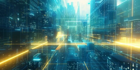 A Futuristic Cityscape with Illuminated Lines and Grids