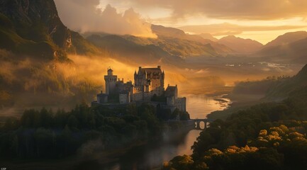 Fototapeta premium A Majestic Castle Perched Atop a Mountain Ridge at Sunset