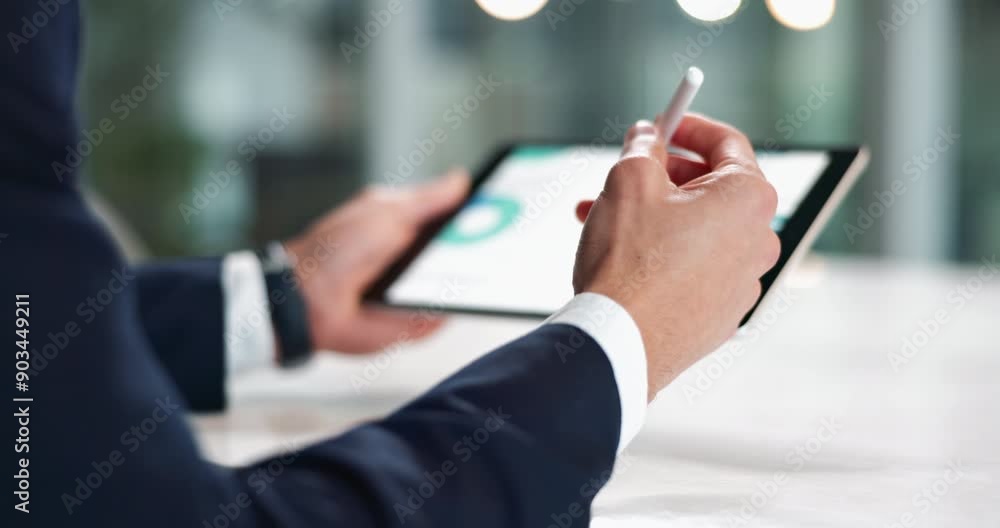 Poster business, man and hands or workplace tablet, ui display and website analytics for corporate company.