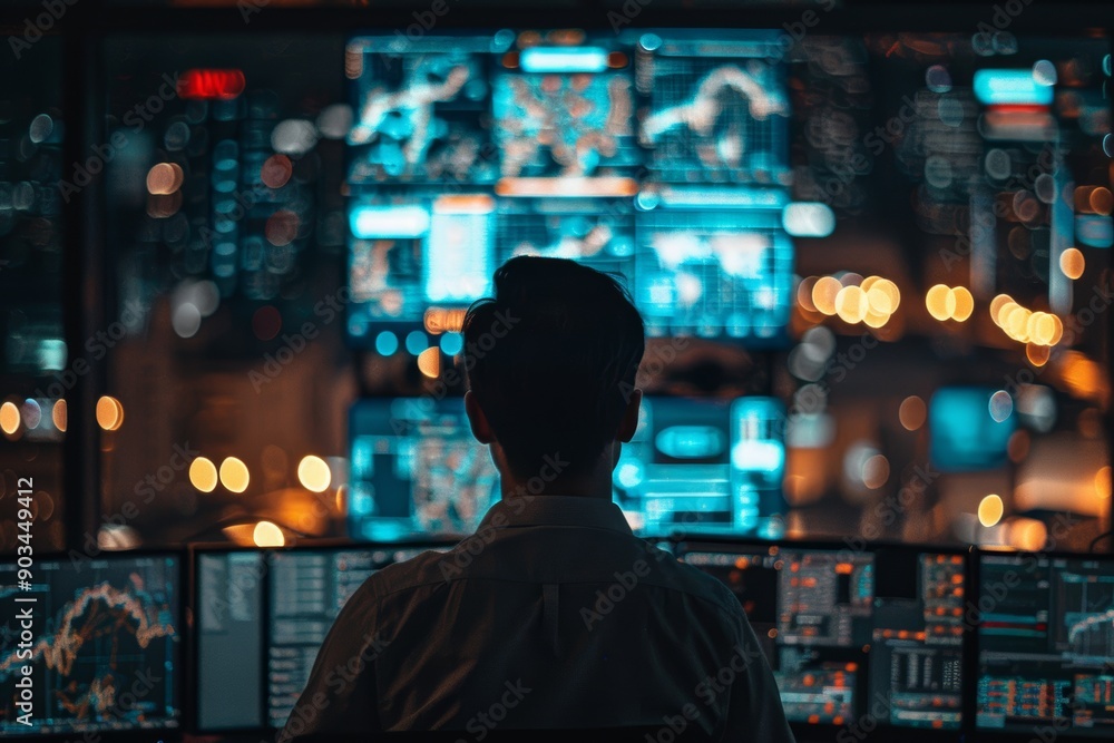 Poster Man Working at Night in Front of Multiple Computer Screens