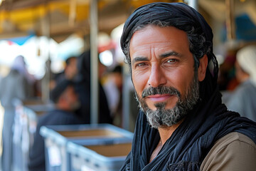 Arab man muslim wearing headscarf keffiyeh close-up, older man in blurred background in a public place.