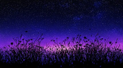 Beautiful Night Sky Illustration with Starry Background and Silhouette of Grass and Flowers