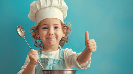 Portrait a Cute little professional chef with ladle showing on color background. Happy funny little preschool child pretending chef looking at camera with copy space for text