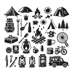 Camping elements set silhouette vector illustration.