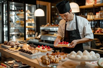 Baker Presenting a Fresh Strawberry Cake in a Bakery