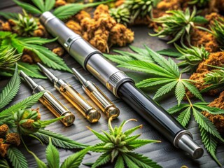 Sleek, modern vaporizer pens filled with THC oil cartridges, surrounded by cannabis leaves and hemp buds, epitomizing the era of legalized recreational marijuana consumption.