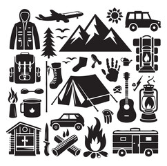 Camping elements set silhouette vector illustration.