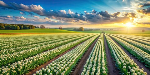 Agricultural field lush with green crops and blooming flowers in the spring , agriculture, revived, spring, farming, rural