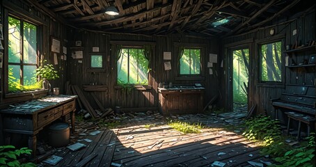 woodland old abandoned house cabin interior in the woodland woods on a sunny summer day. overgrown wooden home with sunlight coming through windows in the forest.