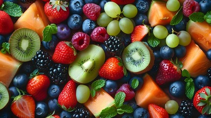 Fototapeta premium Close-up of a medley of fresh berries, grapes, and melon slices, forming a lush top-view background.