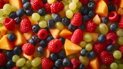 Obraz premium Close-up of a medley of fresh berries, grapes, and melon slices, forming a lush top-view background.
