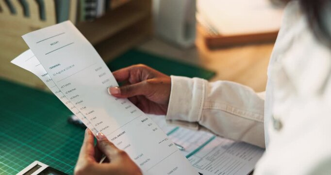 Hands, woman and document or invoice in office for calculating bills and charges. Female person, employee and paper with budget or checklist for debt management, account review and finance report