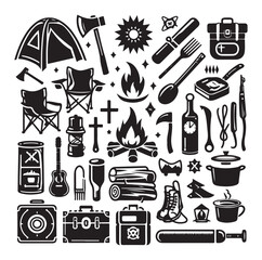 Camping elements set silhouette vector illustration.
