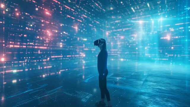 A young Caucasian woman wearing VR goggles stands in a neon-lit digital space, immersed in virtual reality. The scene features blue and pink lights, creating a futuristic atmosphere. The setting