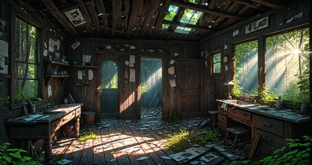 woodland old abandoned house cabin interior in the woodland woods on a sunny summer day. overgrown wooden home with sunlight coming through windows in the forest.