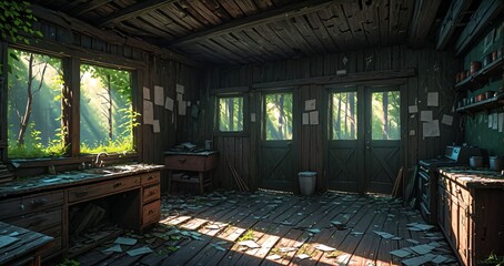 Fototapeta premium woodland old abandoned house cabin interior in the woodland woods on a sunny summer day. overgrown wooden home with sunlight coming through windows in the forest.
