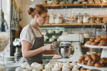 Baker Adding Ingredients to a Stand Mixer in a Bakery