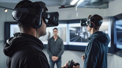 Two individuals using VR headsets in a modern tech environment, engaging in an immersive virtual experience with advanced technology.