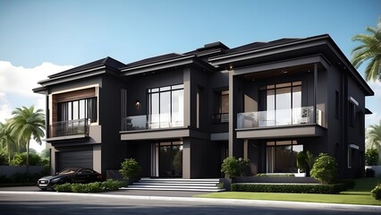 Fototapeta premium Big Mansion house exterior design, car parking space with a lawn, front elevation architecture design, full black theme, real estate, bright sunny day 