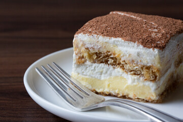 Closeup Slice Tiramisu Coffee and Cream Layered Dessert