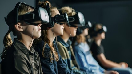 Group of children wearing virtual reality headsets, immersed in a virtual world, experiencing VR technology together.