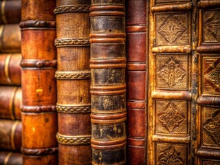 Worn, vintage leather book spines with subtle sepia tones, weathered edges, and intricate details evoke a nostalgic, timeless atmosphere with classic, literary charm.
