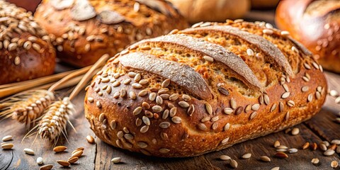 Close up of freshly baked multigrain bread , multigrain, bread, whole wheat, seeds, healthy, nutrition, baked goods