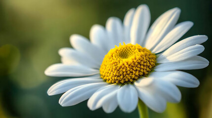Fototapeta premium A macro shot of a daisy, focusing on the intricate details of the white petals and yellow center, with a soft green background 