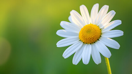 Obraz premium A macro shot of a daisy, focusing on the intricate details of the white petals and yellow center, with a soft green background 