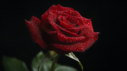 A single red rose with dew drops clinging to its velvety petals, set against a black background for a dramatic effect 