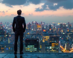 Businessman Achieving Success: Ambitious Entrepreneur in Suit overlooking Cityscape from Rooftop Terrace
