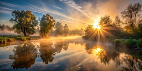 Obraz premium Misty sunrise over a river with sun rays diffusing through trees, Misty, sunrise, river, sun rays, trees, nature, serene