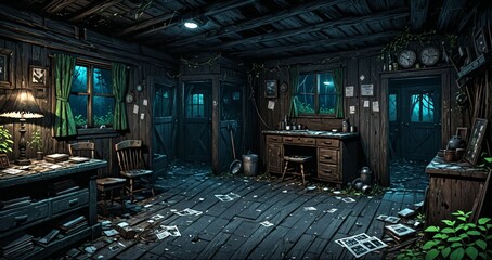 interior of abandoned ransacked cabin lodge in the mountains woods wilderness during raining rain storm thunderstorm night. old wood home in the wild dark forest woodlands.