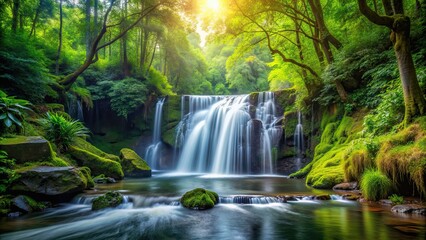 Obraz premium Serene waterfall flowing in lush forest setting, waterfall, nature, forest, trees, tranquil, serene, stream, beautiful