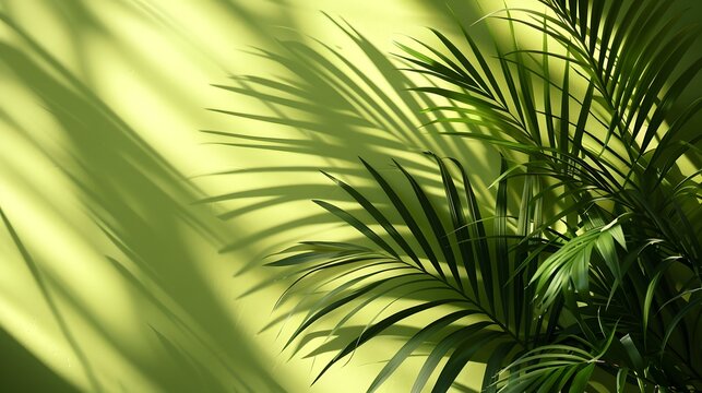 Lime with palm leaves shadow on a pastel lime green background. Zesty summer vibe.