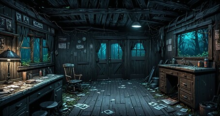 interior of abandoned ransacked cabin lodge in the mountains woods wilderness during raining rain storm thunderstorm night. old wood home in the wild dark forest woodlands.