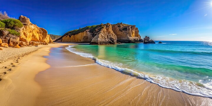 Beautiful sandy beach on the coast of Cascais with clear blue water and rocky cliffs in the background, Guincho Beach, Cascais