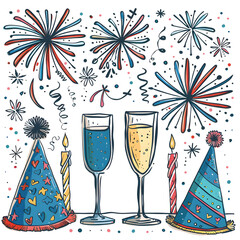 Obraz premium New Year and Christmas card, graphic advertising backgrounds in a doodle 2D illustrator style.