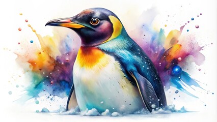 Vibrant watercolor brushstrokes bring to life a stunningly realistic, full-body penguin portrait, set against a crisp white background, showcasing intricate feathers and expressive eyes.