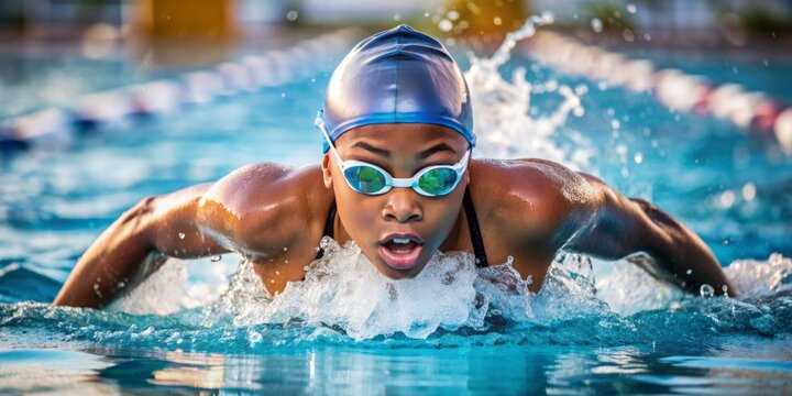 Determined young female swimmer wearing goggles swims laps in a pool, creating bubbles, focusing on competitive training, promoting diversity and representation in sports for underrepresented groups.