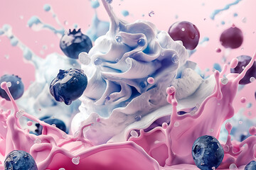 blueberries falling on yogurt cream and ice cream and producing various splashes on pink pastel background