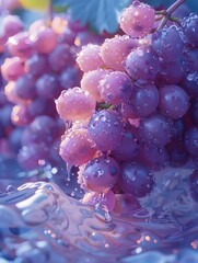 A bunch of vibrant purple grapes covered in dewdrops, glistening under soft light, partially submerged in flowing water. The scene is lush and fresh, with a dreamy, ethereal quality.