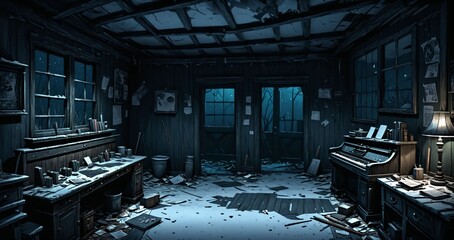 interior of abandoned ransacked cabin lodge in the mountains woods wilderness at night. old wood home in the wild dark arctic tundra.