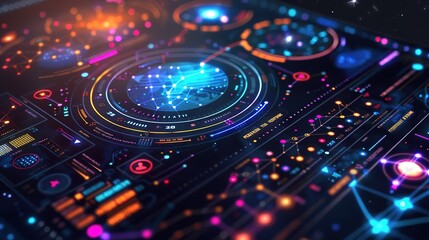 Futuristic Digital Interface with Glowing Data and Network Connections