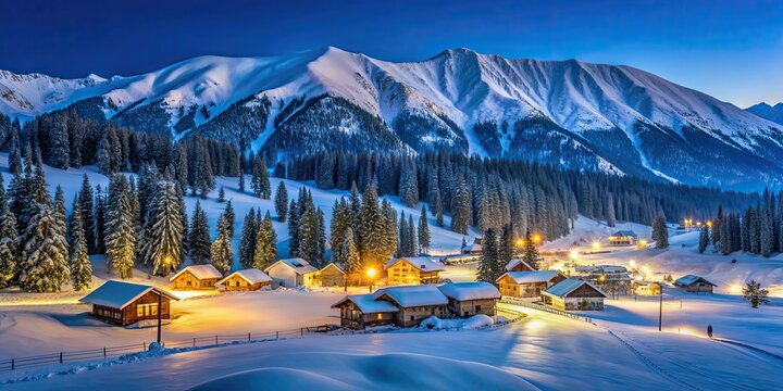 Night view of snow-covered mountains and village in Gulmarg Ski Resort, Kashmir, India, Gulmarg, Ski resort, Kashmir, India