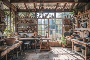 Fototapeta premium A Sunlit Pottery Workshop Filled with Earthenware