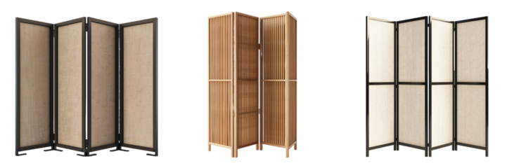 set of foldable modern room dividers on transparent background