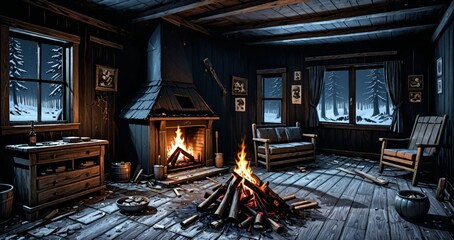 Fototapeta premium interior of abandoned ransacked cabin lodge in the mountains woods wilderness at night. old wood home in the wild dark arctic tundra.