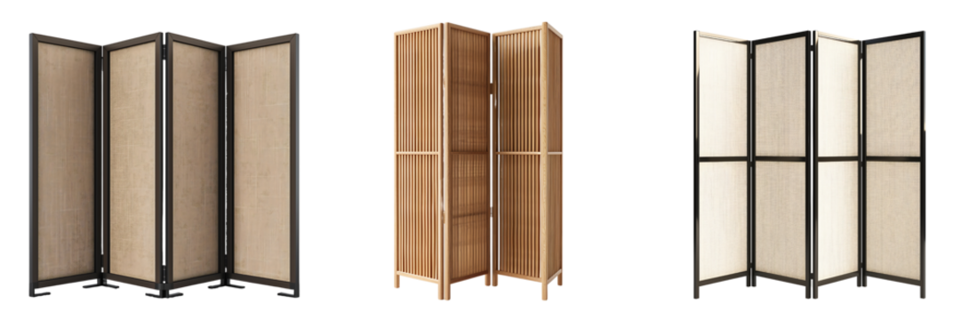 set of foldable modern room dividers on transparent background
